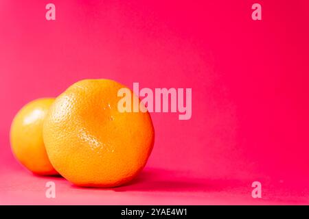 Zwei frische Orangen auf einem leuchtend rosa Hintergrund, die ihre helle Farbe und Textur zeigen. Die Orangen sind leicht außermittig positioniert, wodurch ein entsteht Stockfoto