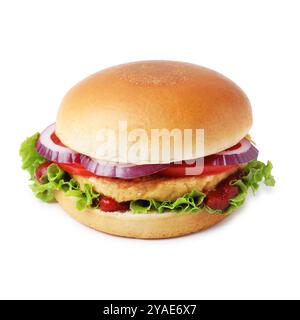 Leckerer veganer Burger mit Kichererbsenkotelett isoliert auf weiß Stockfoto