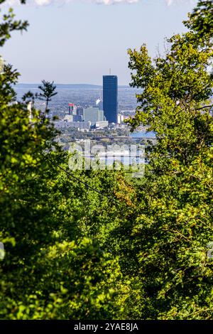 Kahlenberg Wien, Tourismus Wien, Leopoldsberg und Kahlenberg, Photospot Wien, Skyline Wien Donau Stockfoto