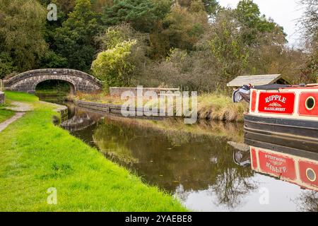 Canal Narrowboat, das auf dem Hazelhurst Aquädukt liegt, Teil des kurzen 2,5 km langen Leek-Zweigs des Caldon-Kanals in der Landschaft von Staffordshire Stockfoto