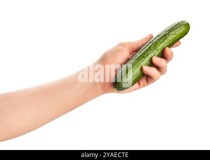 Gurke in der Hand weg isoliert auf weißem Stockfoto