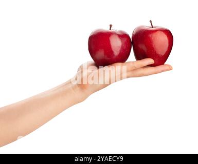 Rot köstlichen Apfel in der Hand Weg isoliert auf weiß Stockfoto