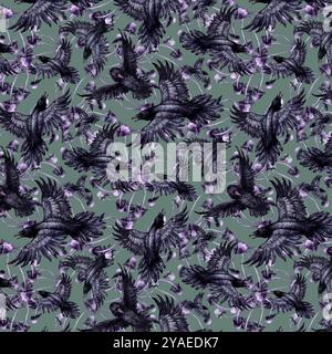 Nahtloses Muster mit schwarzen Raben und violetten Toadstools. Aquarellillustration von Zaubervögeln in realistischem Stil auf grünem Hintergrund. Vorlage Stockfoto