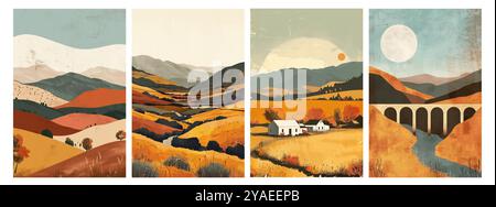 Gebirgshintergrundvektor. Minimales Landschaftsbild mit Pinselstrichtextur. Abstrakte Kunsttapete für Drucke, Kunstdekoration, Wandkunst Stock Vektor