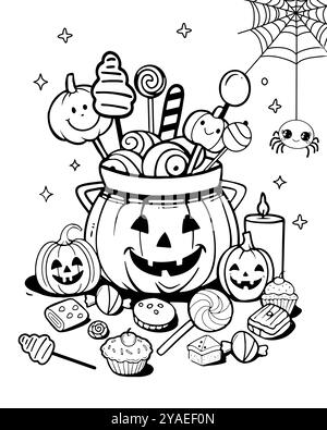 Halloween-Poster. Schwarz-weiß illustrierter Jack o Laterne Kürbis gefüllt mit Süßigkeiten auf einem Podium. Farbdesign mit Trick or Treat. Halloween s Stock Vektor
