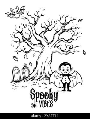 Vampirgraf Dracula steht unter einem Baum in der Nähe eines Friedhofs Stock Vektor