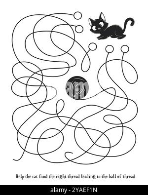 Hilf der niedlichen schwarzen Katze, den Faden zu finden, der zum Fadenkugel führt. Labyrinth. Labyrinth-Spiel für Kinder. Schwarzweiß-Illustration, Aktivitätsseite Stock Vektor