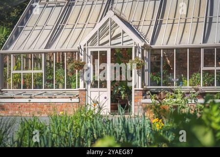 Ein schöner, formeller, ummauerter Garten mit viktorianischem Gewächshaus und Gemüseflecken in einem englischen Landgarten Stockfoto