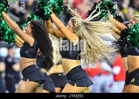 Eugene, Oregon, USA. Oktober 2024. Oregon Cheerleader beim NCAA Football Spiel zwischen den Ohio State Buckeyes und den Oregon Ducks in Eugene, Oregon. Oregon besiegte Ohio State 32–31. Steve Faber/CSM/Alamy Live News Stockfoto