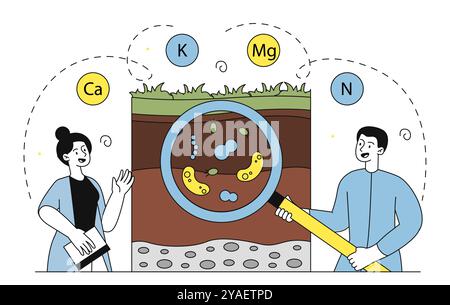 Bodenfruchtbarkeitsforschung. Frau und Mann mit Lupe analysieren den Boden. Chemie und Befruchtung. Landwirtschaftliche Experimente und Forschung. Linear Stock Vektor