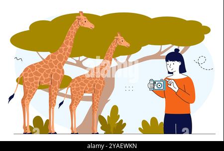Fotojournalist mit Giraffe. Frau mit Kamera fotografiert Giraffen. Tropische Tierwelt und afrikanische Savanne. Zoologe und Naturforscher. Linear Stock Vektor