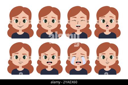 Set Mädchen Gesicht. Frau mit verschiedenen Emotionen. Glück, Traurigkeit und Überraschung. Avatar für soziale Netzwerke. Emoji und Emoticon. Flacher Vektor Stock Vektor