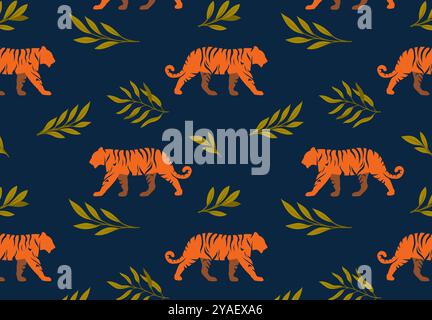 Nahtloses Muster mit Tigern. Wiederkehrendes Designelement zum Drucken auf Stoff. Tropische und exotische Tiere. Afrikanische Savanne und Fauna. Hintergrundbild und Stock Vektor