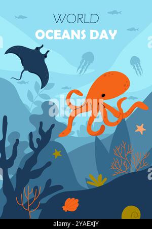 Weltmeertag-Poster. Oktopus und Stachelrochen. Unterwasser und Leben. Biologie und Zoologie. Internationaler Feiertag und Festival 8. Juni. Poster, Abdeckung Stock Vektor