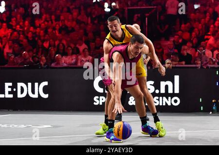 , - 13. OKTOBER: Dejan Majstorovic - Ub, Mihailo Vasic - Liman während des Finalspiels der FIBA 3x3 World Tour Amsterdam 2024 zwischen Ub und Liman in Gasthouder am 13. Oktober 2024 in Amsterdam, Niederlande. (Foto: Edwin J.H. de Vries/Orange Pictures) Credit: Orange Pics BV/Alamy Live News Stockfoto