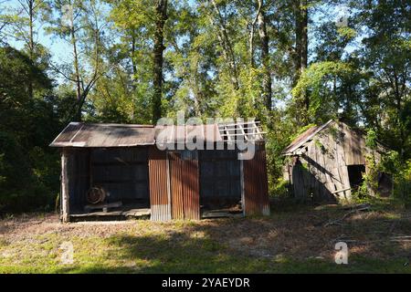 Lagergebäude auf einem verlassenen Baumwollgin-Standort. Stockfoto