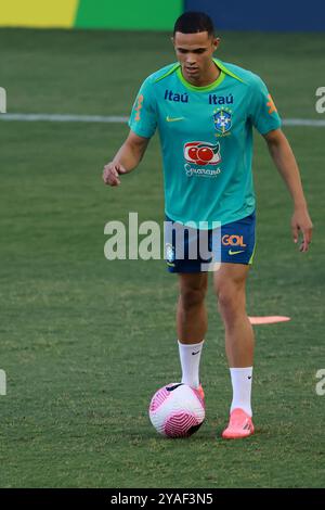 Gama, Brasilien. Oktober 2024. Vanderson aus Brasilien kontrolliert den Ball während des Trainings im Bezerrao Stadium in Gama, Brasilien, am 13. Oktober 2024. Das Team bereitet sich auf Peru in der 10. Runde der südamerikanischen Qualifikation zur FIFA Fussball-Weltmeisterschaft 2026 vor. Foto: Heuler Andrey/DiaEsportivo/Alamy Live News Credit: DiaEsportivo/Alamy Live News Stockfoto