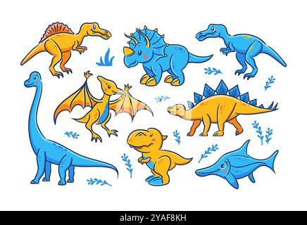 Süße Kawaii Dinosaurier. Entzückende Kollektion im Cartoon-Stil für Kinder. Ein Set mit amüsanten Dinos, einschließlich Diplodocus, tyrannosaurus rex, Velocir Stock Vektor