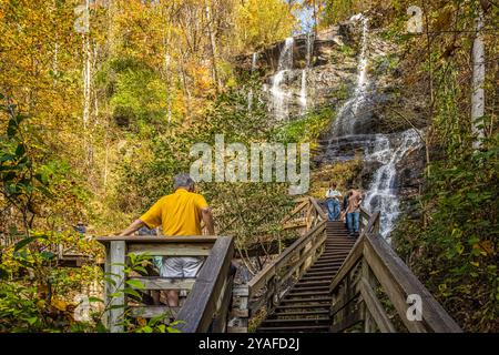 Creekside Trail mit farbenfrohen Herbstlaub an den Amicalola Falls in Dawsonville, Georgia. (USA) Stockfoto