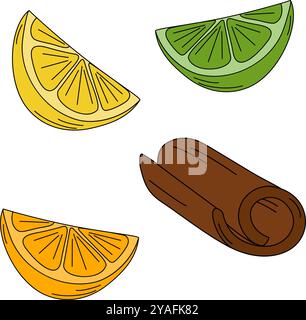 Geschnittene Zitronen-, Limetten-, Orange- und gerollte Zimtstangen in trendigen hellen Farben, 4er-Set mit Designelementen. Isolierte Vektor-Illustrationskarten, Poster, Faltblätter, Banner, Broschüren, Preis, Etikett oder Web-Aktion Stock Vektor