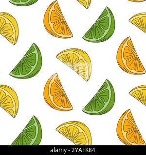 Nahtloses Muster mit Zitronen-, Limetten- und Orangenmotiven in trendigen, hellen Tönen. Hintergrundbild oder Kartenhintergrund. Isolierte Vektor-Illustration Wrapping, Web-Promo-Hintergrund, Karten Poster, Banner, Grüße, Beschriftung Stock Vektor