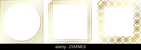 Goldenes, dünnes Rahmenset. Goldene quadratische Borten im Art déco-Stil. Sammlung von rechteckigen Elementen mit dünner linearer Ausstrahlung. Gelb leuchtend glänzende Boarders Pack. Vektorbündel für Foto, Kader, Poster, Karte Stock Vektor