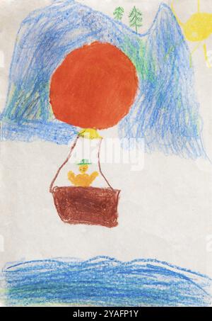 Naive Illustration, Kinderzeichnung, Heißluftballon schwimmt über einen See und Berge Stockfoto