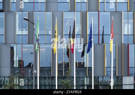 Aalst, Flämisch Brabant, Belgien, 11 02 2022, Fassade und Flaggen des Verwaltungszentrums der Stadt, Europa Stockfoto