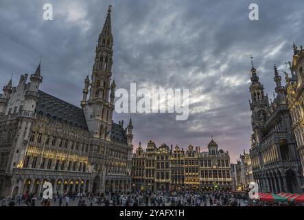 Brüssel Altstadt, Belgien, 07 18 2019, Panoramablick über den Brussels Grande Place in der Abenddämmerung im Sommer, Europa Stockfoto