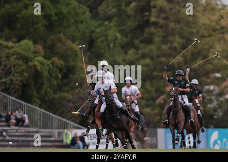 Tortugitas, Buenos Aires - 13. Oktober 2024: In der zweiten Runde der 84. Tortugas Country Club Open, präsentiert von Jumbo, triumphierte La Dolfina Saudi mit einem Sieg von 17-13 auf Feld 5 über La Hache Cría & Polo. Gonzalo Ferrari trat für den verletzten Adolfito Cambiaso ein, und La Dolfina fand ihren Rhythmus vom zweiten Chukker, gewann ihn 4-0 und übernahm die Kontrolle über das Spiel. Poroto Cambiaso stieß mit 8 Toren (sechs im Elfmeterschießen) auf, während Pelón Stirling und Juan M. Nero zu einer starken Teamleistung beitrugen. Quelle: UNAR Photo/Alamy Live News Stockfoto