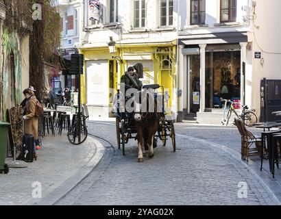 Altstadt Brüssel, Region Brüssel Hauptstadt, Belgien, 03 15 2022, Fremdenführerin, die mit Pferden und Kutschen für Touristen durch die Straßen der Altstadt reitet, Stockfoto