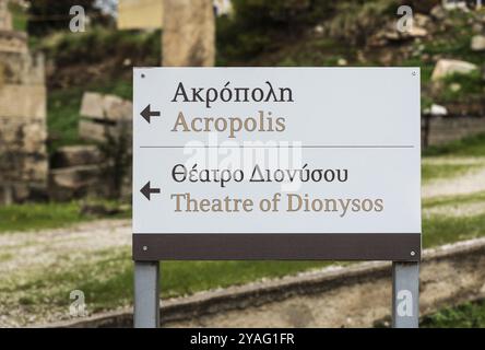 Athen, Attika, Griechenland, 12 26 2019 Zeichen für die Akropolis und das Theater des Dionysos in griechischer und lateinischer Schrift, Europa Stockfoto