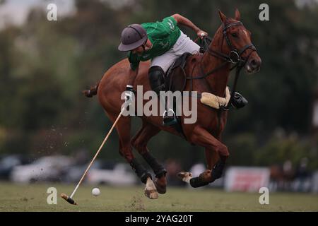 Tortugitas, Buenos Aires - 13. Oktober 2024: In der zweiten Runde der 84. Tortugas Country Club Open, präsentiert von Jumbo, triumphierte La Dolfina Saudi mit einem Sieg von 17-13 auf Feld 5 über La Hache Cría & Polo. Gonzalo Ferrari trat für den verletzten Adolfito Cambiaso ein, und La Dolfina fand ihren Rhythmus vom zweiten Chukker, gewann ihn 4-0 und übernahm die Kontrolle über das Spiel. Poroto Cambiaso stieß mit 8 Toren (sechs im Elfmeterschießen) auf, während Pelón Stirling und Juan M. Nero zu einer starken Teamleistung beitrugen. Quelle: UNAR Photo/Alamy Live News Stockfoto