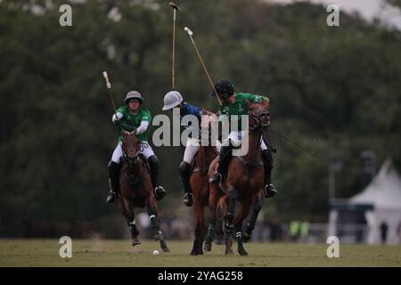 Tortugitas, Buenos Aires - 13. Oktober 2024: In der zweiten Runde der 84. Tortugas Country Club Open, präsentiert von Jumbo, triumphierte La Dolfina Saudi mit einem Sieg von 17-13 auf Feld 5 über La Hache Cría & Polo. Gonzalo Ferrari trat für den verletzten Adolfito Cambiaso ein, und La Dolfina fand ihren Rhythmus vom zweiten Chukker, gewann ihn 4-0 und übernahm die Kontrolle über das Spiel. Poroto Cambiaso stieß mit 8 Toren (sechs im Elfmeterschießen) auf, während Pelón Stirling und Juan M. Nero zu einer starken Teamleistung beitrugen. Quelle: UNAR Photo/Alamy Live News Stockfoto