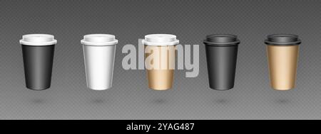 Paper Coffee To Go Tasse mit Plastikkappe und Schatten auf transparentem Hintergrund. Realistische 3D-Vektor-Illustration Set von weißem, schwarzem und braunem Tassen Mockup für Heißgetränk. Einwegbehälter. Stock Vektor