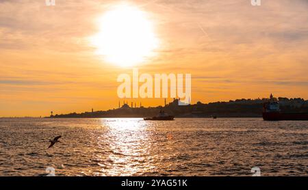 Blick auf die Kyline von Istanbul aus der Mitte des Bosporus Stockfoto