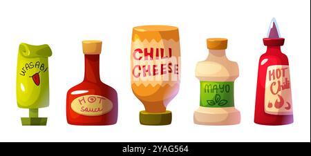 Leckere Würzsoßen in Plastikflasche und Glasflasche und Tube - heißer Chili und scharfer Käse, Mayonnaise und Wasabi. Zeichentrickvektor-Illustration Set von Gewürz spritzige Schale im Behälter mit Etiketten. Stock Vektor