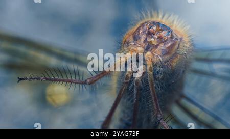Makrofoto, das die Felldetails auf Kopf und Thorax einer Libelle zeigt. Stockfoto