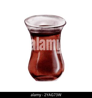Klassischer türkischer Tee. Glas mit schwarzem Tee. Traditionen der Türkei. Aquarellabbildung. Kein Hintergrund. Stockfoto