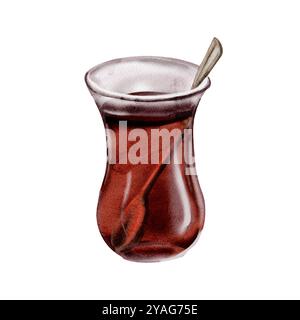 Klassischer türkischer Tee. Glas mit schwarzem Tee. Traditionen der Türkei. Glas mit einem Teelöffel. Aquarellabbildung. Kein Hintergrund Stockfoto