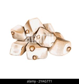 Türkische Delikatessen und Mandeln. Drei einzelne Stücke Nougat mit Nüssen und Mandeln. Aquarellabbildung Stockfoto