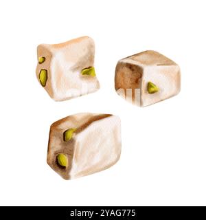 Türkische Delikatessen und Pistazien. Drei einzelne Stücke Nougat mit Nüssen und drei Pistazien. Aquarellabbildung Stockfoto