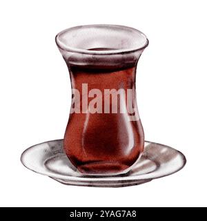 Klassischer türkischer Tee. Glas mit schwarzem Tee. Traditionen der Türkei. Glas und Untertasse. Aquarellabbildung. Kein Hintergrund Stockfoto