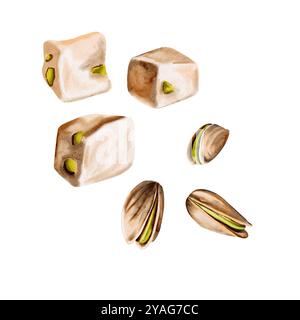 Türkische Delikatessen und Pistazien. Drei einzelne Stücke Nougat mit Nüssen und drei Pistazien. Aquarellabbildung Stockfoto