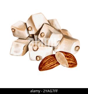 Türkische Delikatessen und Mandeln. Drei einzelne Stücke Nougat mit Nüssen und Mandeln. Aquarellabbildung Stockfoto