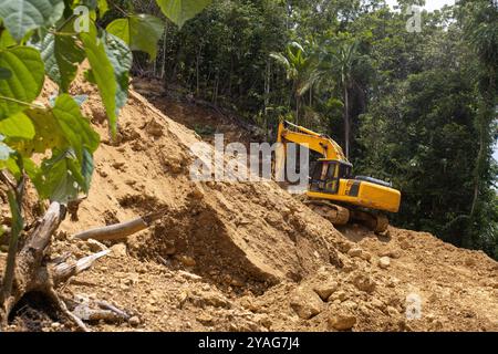 Ein funktionierender Bagger baut auf einer tropischen Insel ein Wasserversorgungssystem. Lockerer Boden Stockfoto