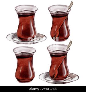 Türkischer Tee. Set mit vier Glasgläsern. Mit Untertasse und Teelöffel. Farbige Abbildung. Aquarellabbildung. Kein Hintergrund Stockfoto