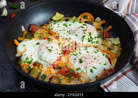 Shakshuka in einer Pfanne. Spiegeleier mit Tomaten, Pfeffer, Zucchini und Kräutern Stockfoto