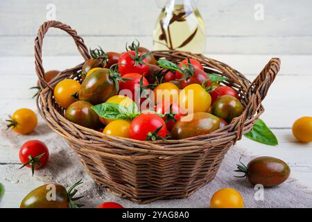 Mehrfarbige Tomaten im Korb. Verschiedene Arten frischer Tomaten Stockfoto