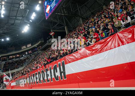 Österreichische Fußballfans während des UEFA Nations League Fußballspiels zwischen Österreich gegen Norwegen, am Sonntag 13. Oktober 2024 in der Raiffeisen Arena in Linz // österreichische Fußballfans beim Fußball-Spiel der UEFA Nations League zwischen Österreich und Norwegen am Sonntag, den 13. Oktober 2024 in der Raiffeisen Arena in Linz. - 20241013 PD6692 Credit: APA-PictureDesk/Alamy Live News Stockfoto